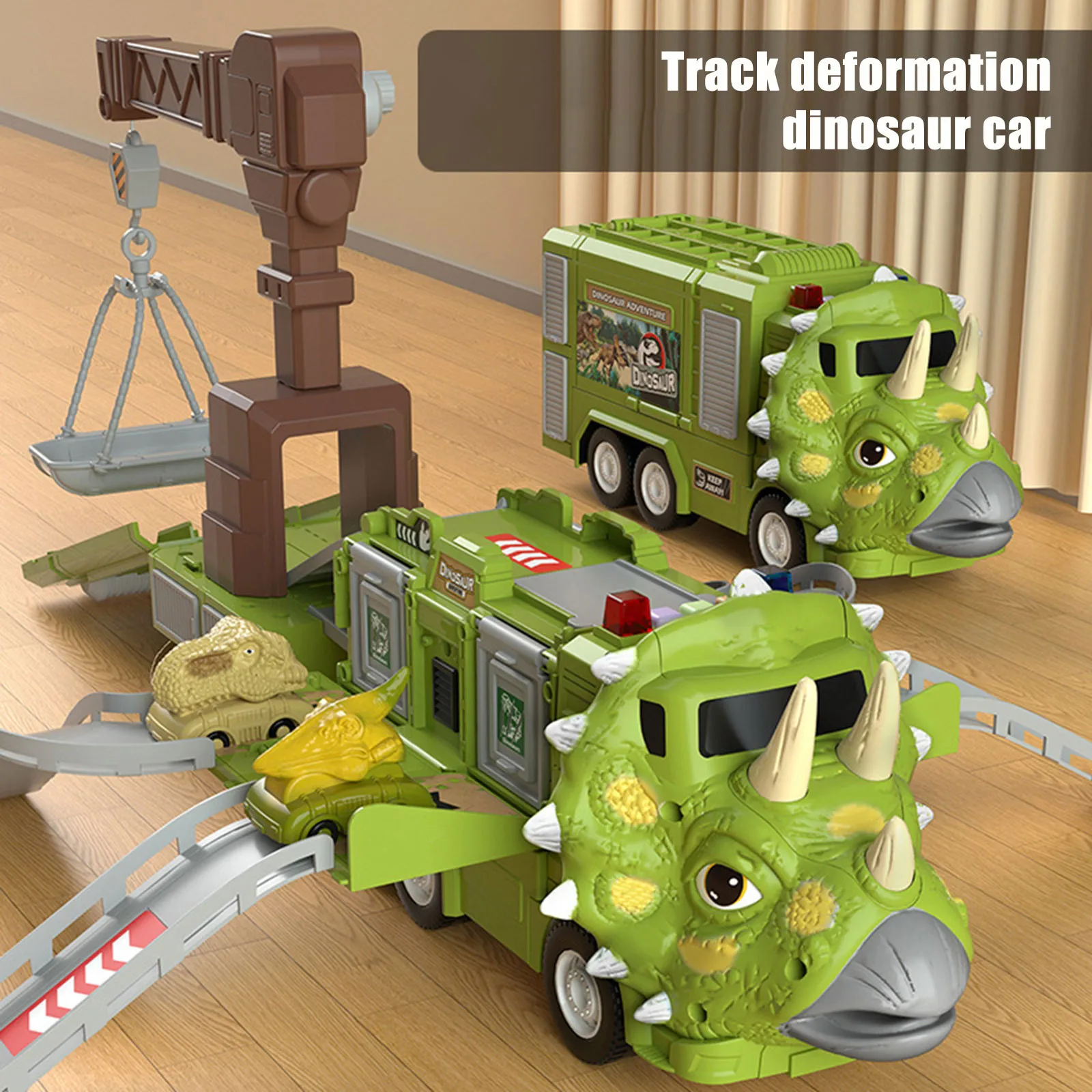 

New Dinosaur Truck Toy Children Dinosaur Deformation Diy Track Car Light Music Ejection Storage Inertia Container Transport Toy