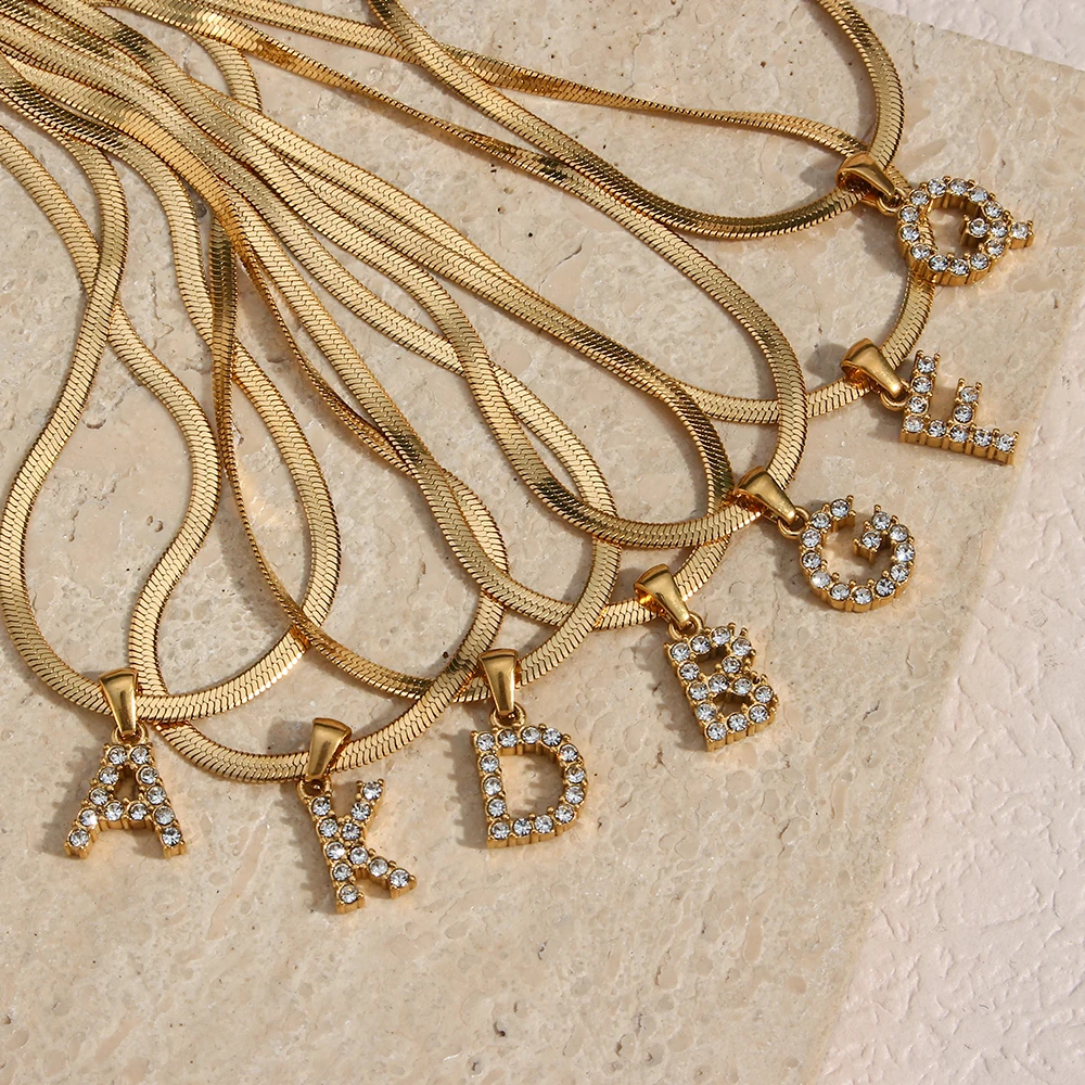 

Stainless Steel 18K Plated Flat Snake Chain 26 Letter Necklaces Inlaid Natural Zircon Clavicle Chain Necklaces Jewelry for Women