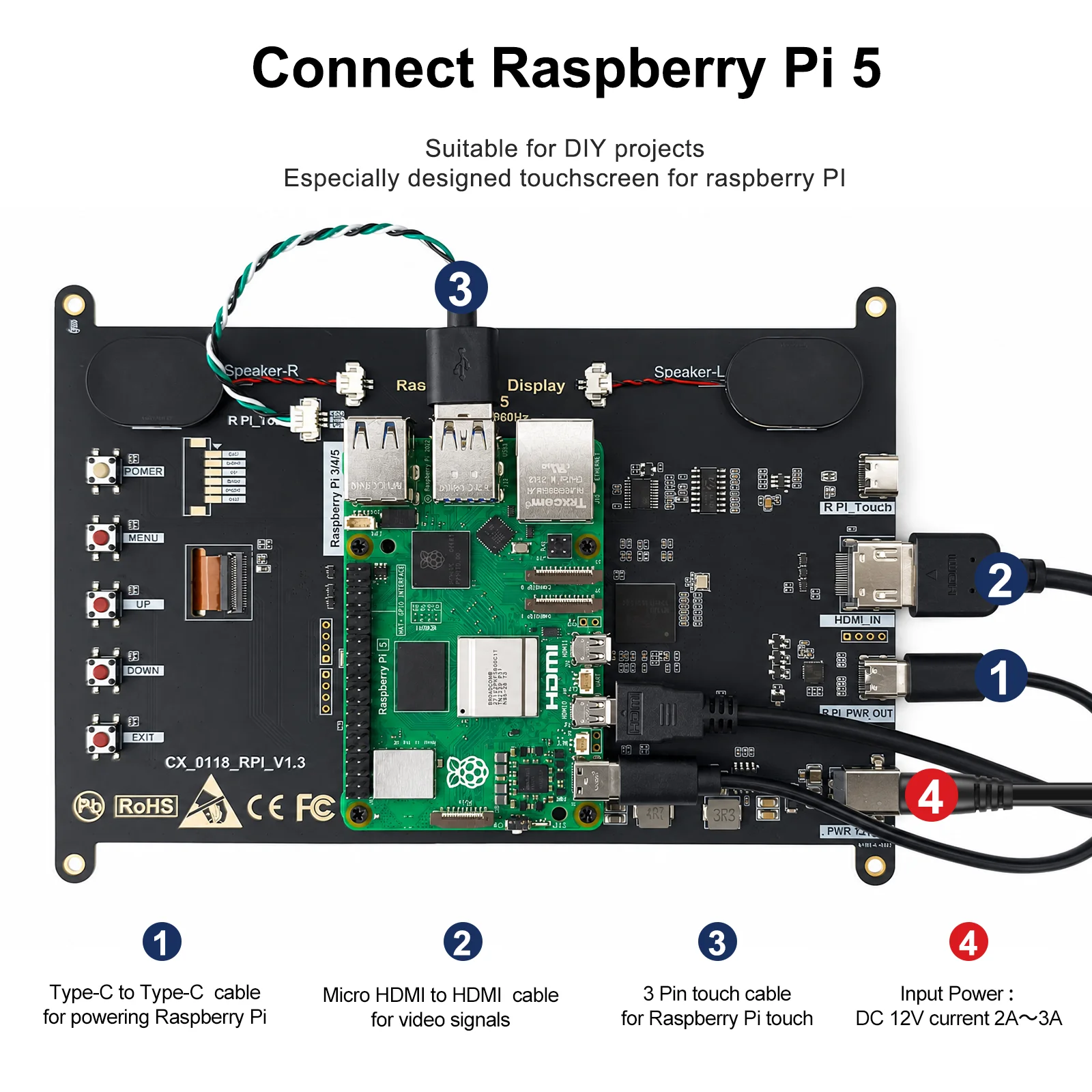 Фото 8-дюймовый сенсорный IPS-монитор с экраном 1280×800 для Raspberry Pi 5/4/3, встроенные динамики, HDMI Type-C №5