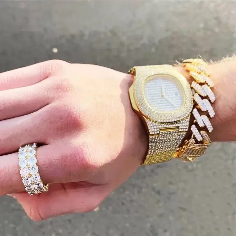Фото Набор украшений Iced Out: часы, ожерелье-чокер, браслет в стиле хип-хоп Miami Cuban Chain, золотистые, с крупными стразами, для мужчин и женщин №5