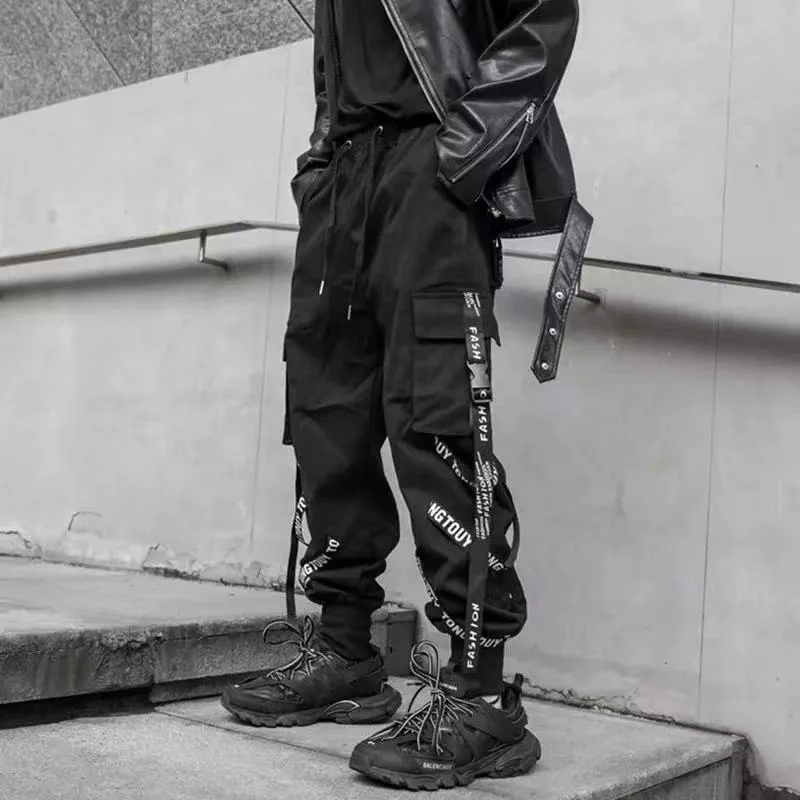

ARENS Black Cargo Pants Men Joggers Cargo Trousers for Men Jogging Japanese Streetwear Hip Hop Hippie Techwear Gothic Ribbon A68