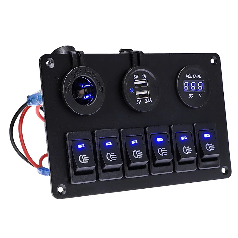 

6 Gang LED Switch Panel 12V Power Outlet USB Charger 3.1A Digital Voltmeter Toggle Switch Control For Car Boat Camper Marine RV