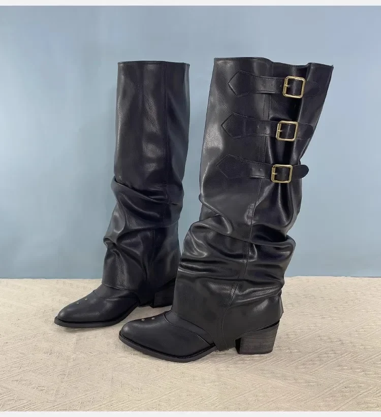 Винтажные ковбойские сапоги в стиле вестерн на толстом каблуке с заклепками