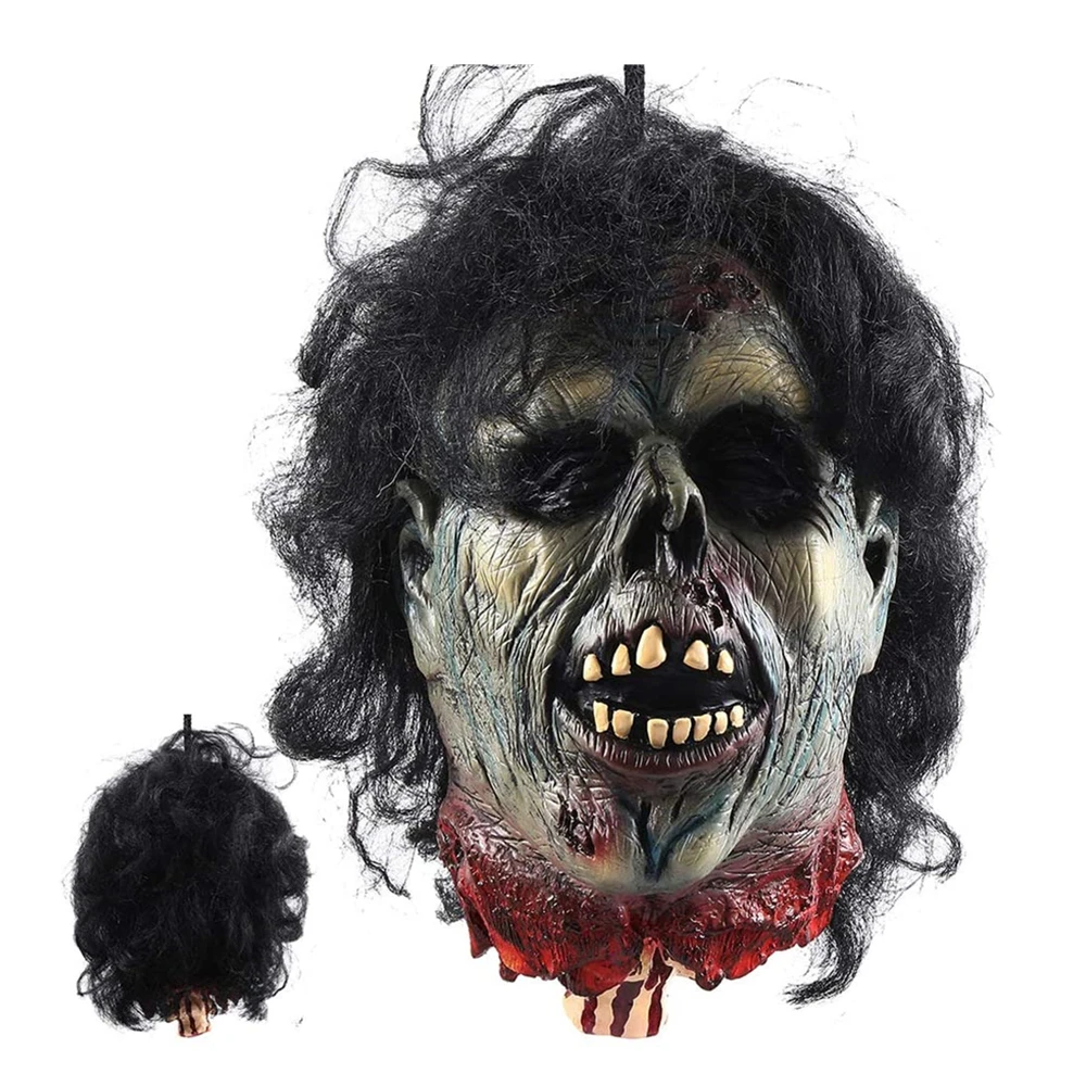 

Cut Off Head Prop with Wig Halloween Scary Realistic Hanging Severed Bloody Head Outdoor Indoor Haunted Houses Party