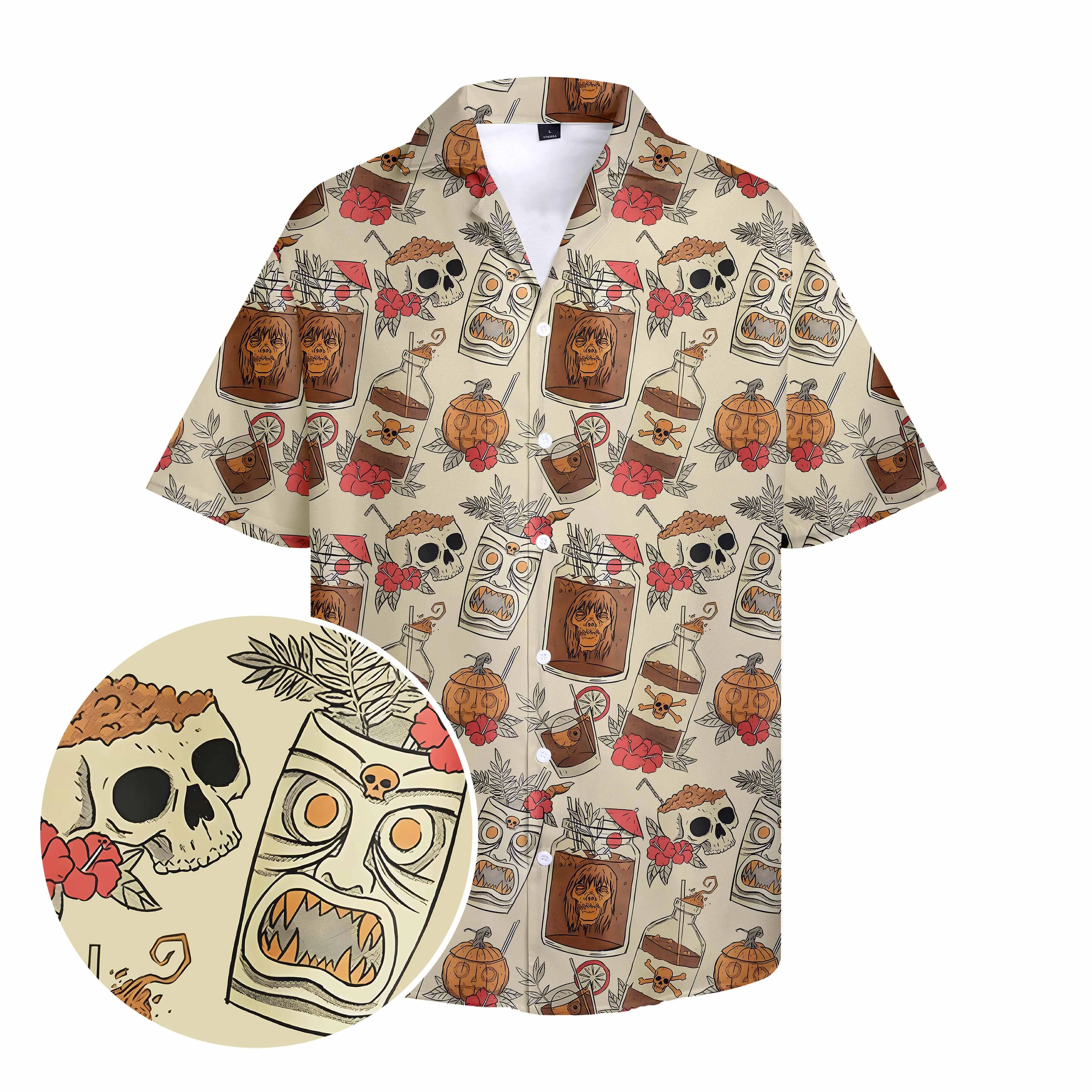 New Hawaiian Men's Shirt Halloween Skull Pumpkin Drink Printed Casual y2k Clothing Button Up Shirts Summer Plus Size