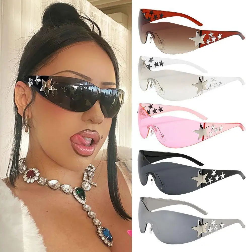 

One Piece UV400 Rimless Y2k Sunglasses For Women Men Punk Goggle Trendy Shield Sun Glasses Eyewear 3D Five Star Rhinestones W4V9