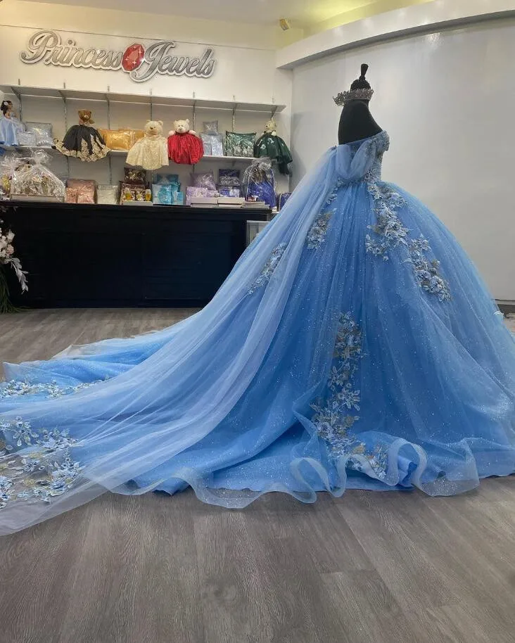 

Небесно-голубое платье с открытыми плечами, платье принцессы, 3D Цветочный корсет с аппликацией, платья 15, платья с манжетами Sweet 16