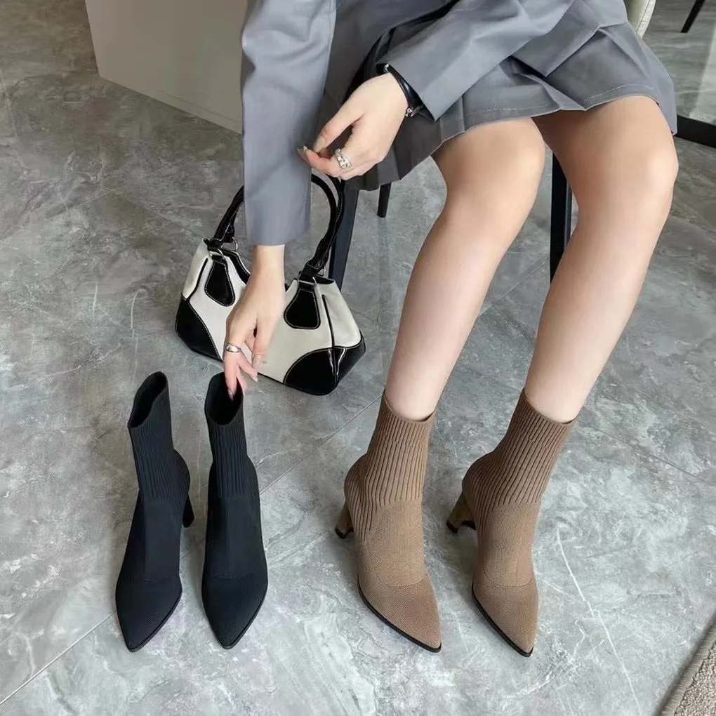 

Knitting Women Ankle Boots Pointed Toe Sock Botas Thick High Heels Shallow Slip On Dress Shoes Woman Black Brown Winter Boots