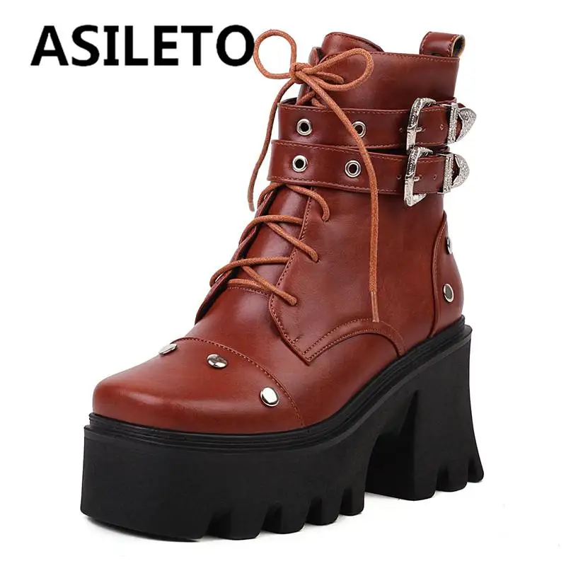 

ASILETO Ladies Boots 14cm Mid-Calf Square Toe Block Heel 8cm Platform 4cm Lace-up Buckle Strap Plus Size 35-43 Casual S4210