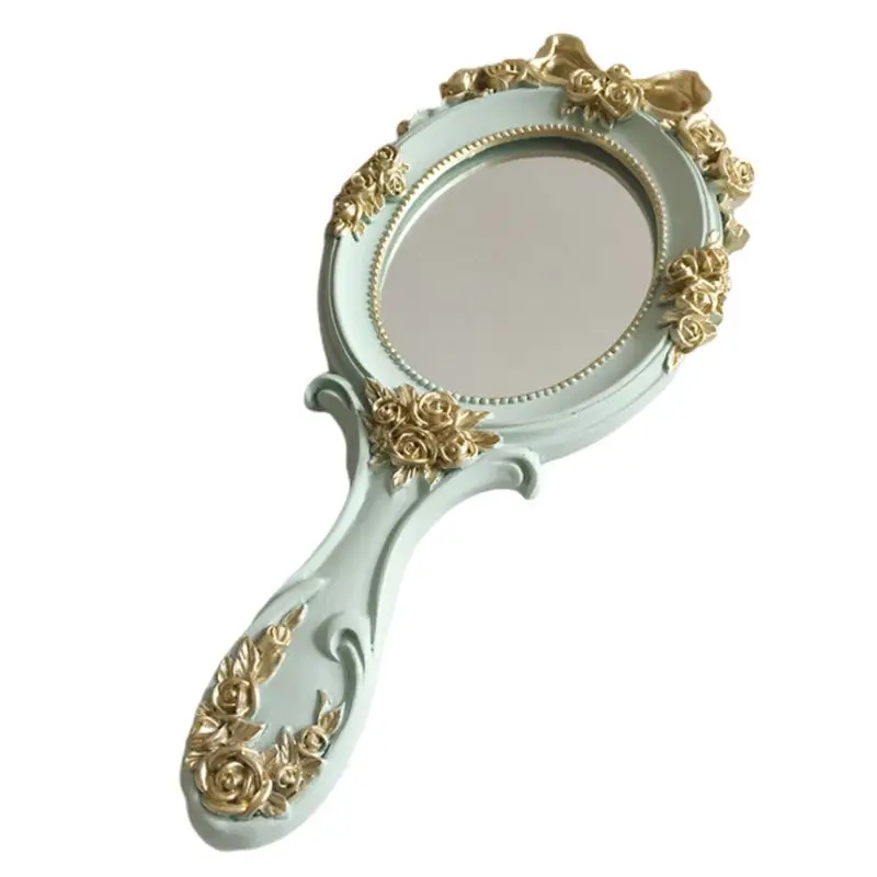 

TSHOU488 European Style Vintage Handheld Roses Mirror Princess Women Girls Oval Vanity Makeup Cosmetic Tool with Handle