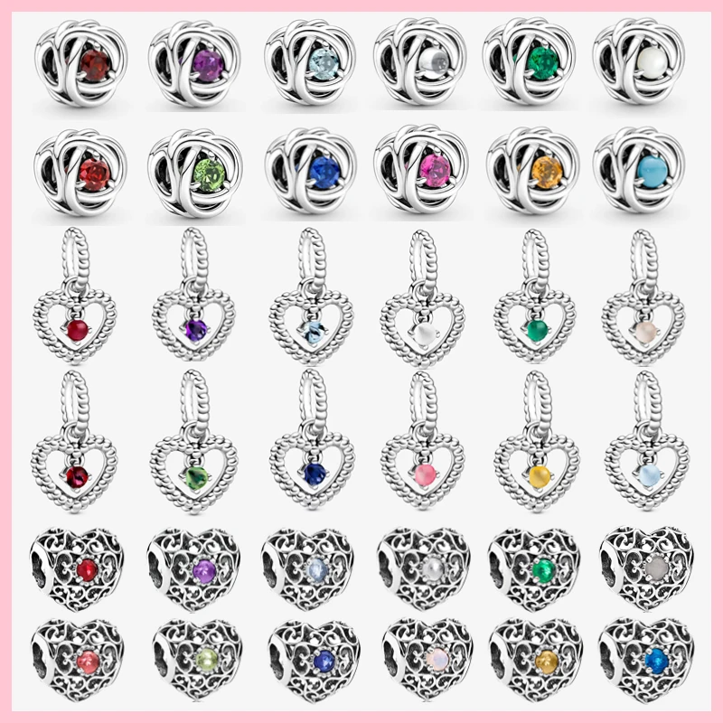 

Hot Sell Birthstone 925 Sterling Silver Month Heart Charms Bead Fit For Pandora Necklace Original DIY Bracelet Jewelry Best Gift