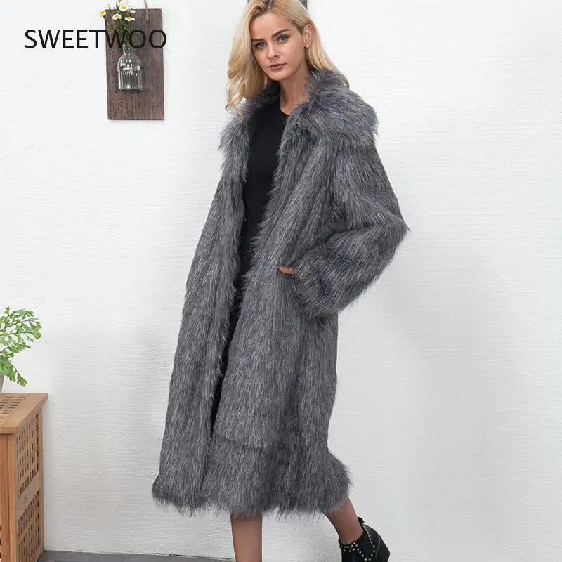 Winter Womens  Faux Fur Coat Long Slim Thicken Warm Hairy Jacket Trendy Warm Outerwear Fur Coat Trenchcoat Contracted