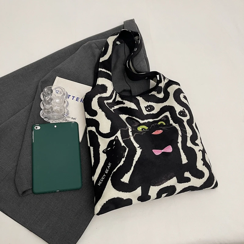 Холщовая Сумка для женщин вместительная Женская сумочка с рисунком черного кота