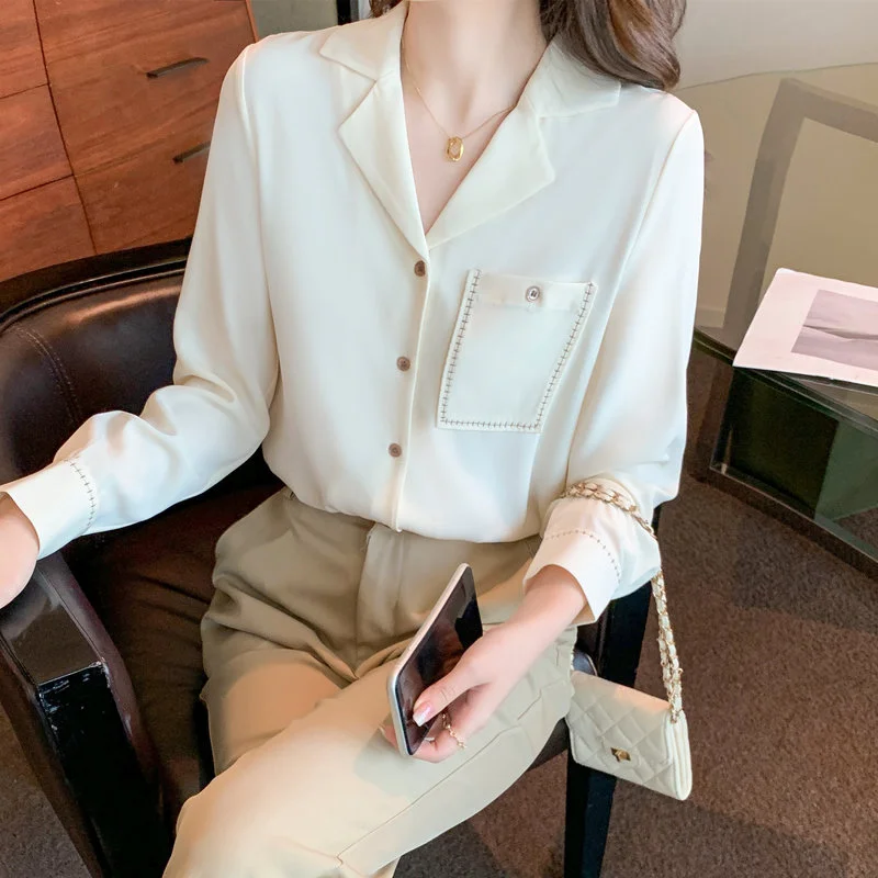 

Chiffon Loose Women's Shirt New Fashion Blouses Solid V-neck Casual Long Sleeve Top Spring Female Clothing