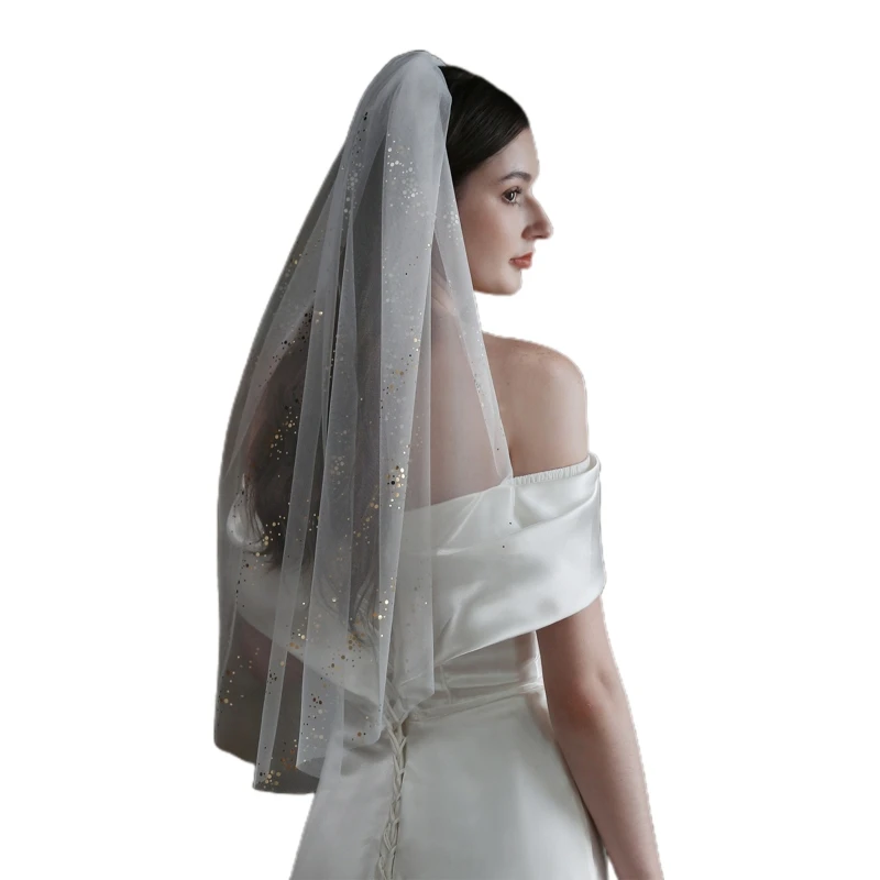 

Wedding Bridal Veil with Gold Sequins & Comb Short White Tulle Hair Accessories for Brides 1 Layer Photo Props