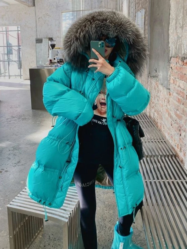 

KBAT 2022 Winter Women's White Duck Down Jackets Warm Parkas Big Fur Collar Hooded Sonw Coat Long Female Windproof Outwear