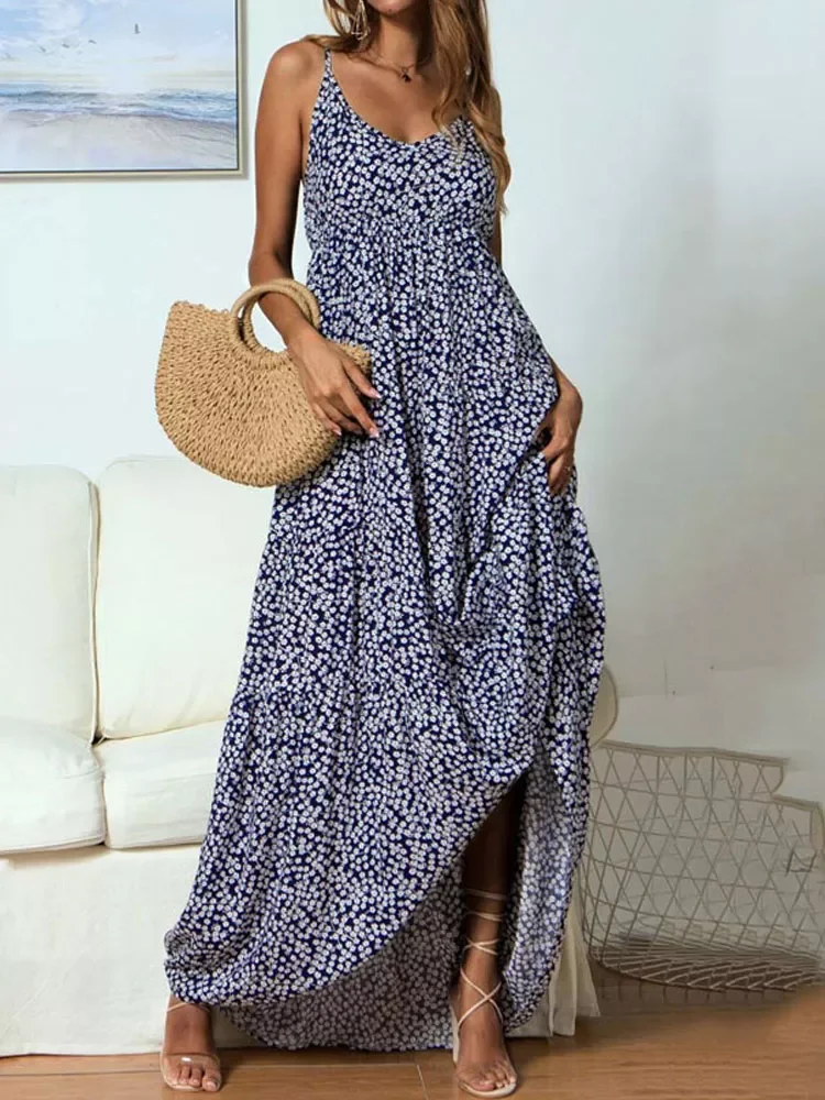 

Женское длинное платье в стиле бохо, длинное вечернее платье из вискозы с цветочным принтом, богемное платье на бретелях-спагетти с V-образн...