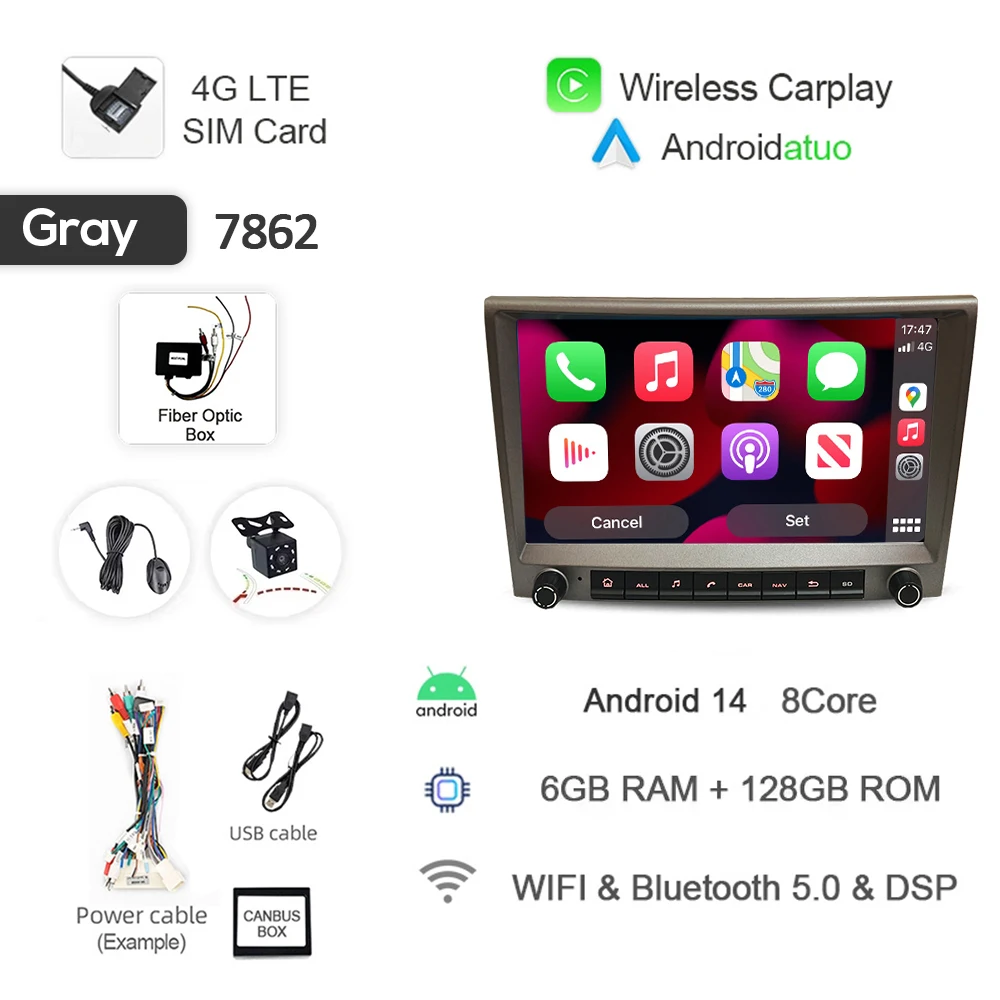

Серый 720P Auto Android 14 для Porsche Cayman 911 987 Boxster 997 CarPlay Автомобильный радиоприемник GPS Мультимедийная навигация 4 ГБ Bluetooth Wi-Fi