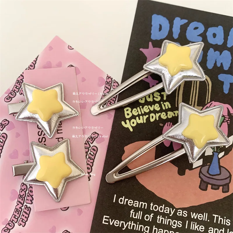 

2023 Korean Y2K Silver Star Hairpin Girls Trendy Cool Headdress Pink Pentagram Alligator Clips Cute Hair Accessories for Women