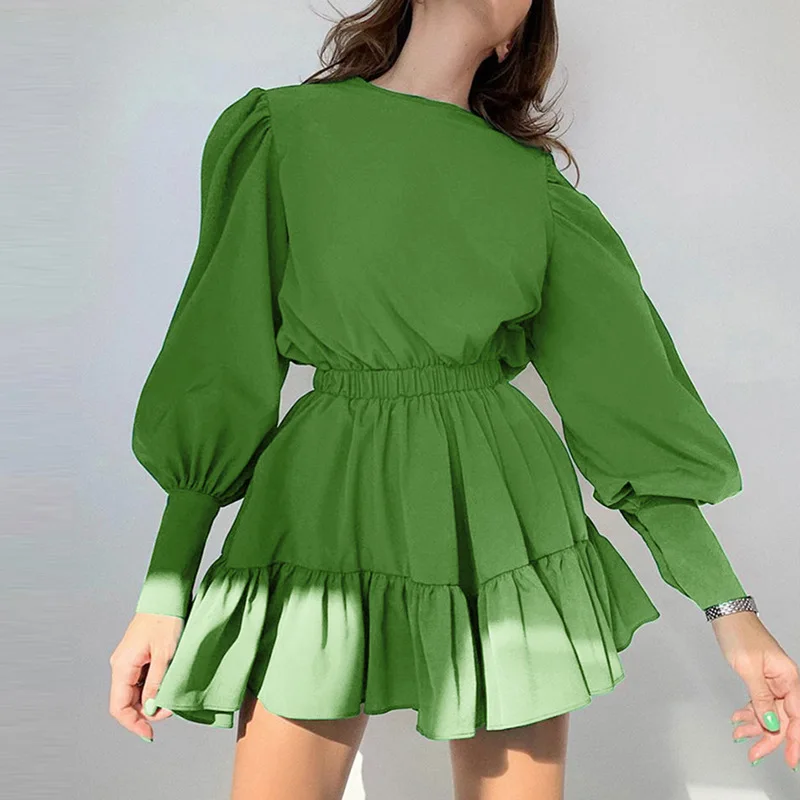 

Женское летнее мини-платье А-силуэта, однотонное Повседневное платье с круглым вырезом, рюшами и высокой талией, весна-осень