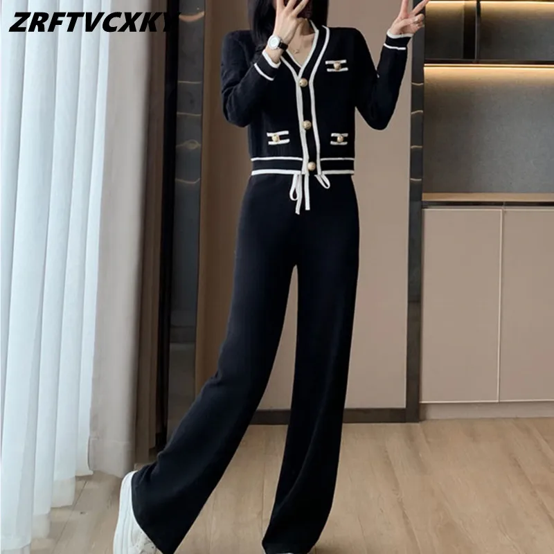 

Повседневные женские вязаные брюки, костюмы, винтажный трикотажный кардиган популярных цветов, пальто и брюки с широкими штанинами, комплекты из 2 предметов, женский спортивный костюм