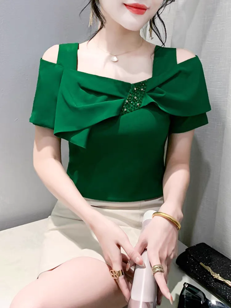 Женская хлопковая Футболка с бантом летний топ открытыми плечами и вырезом