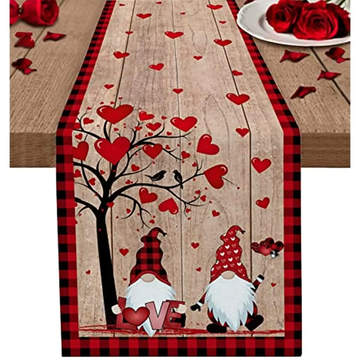 Chemin de Table rustique à carreaux rouge pour la saint-valentin  Gnome  pour fête d'anniversaire