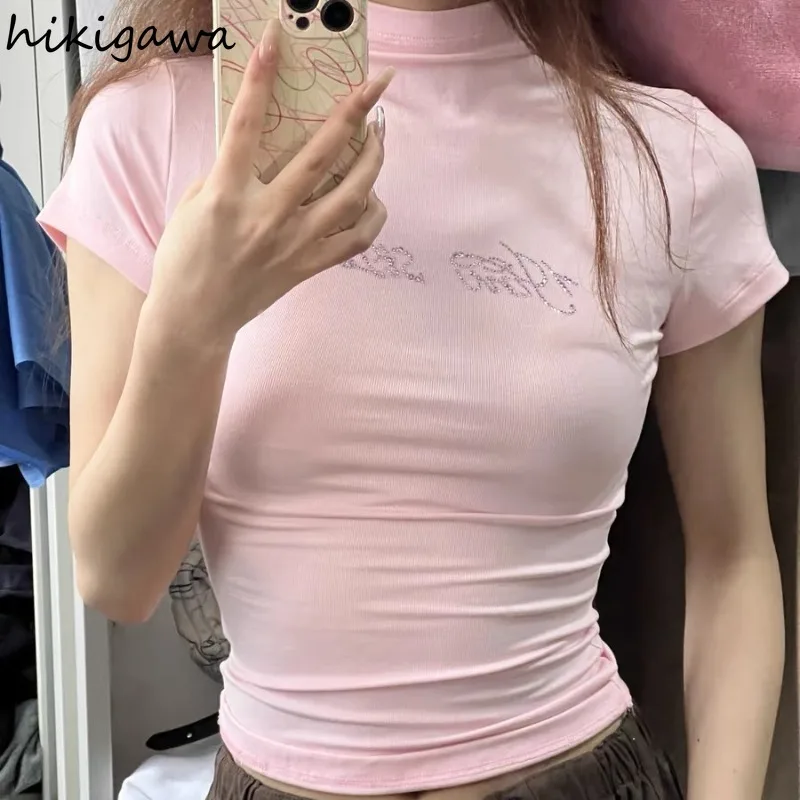 Женская хлопковая Футболка с зауженной талией розовая Повседневная футболка в