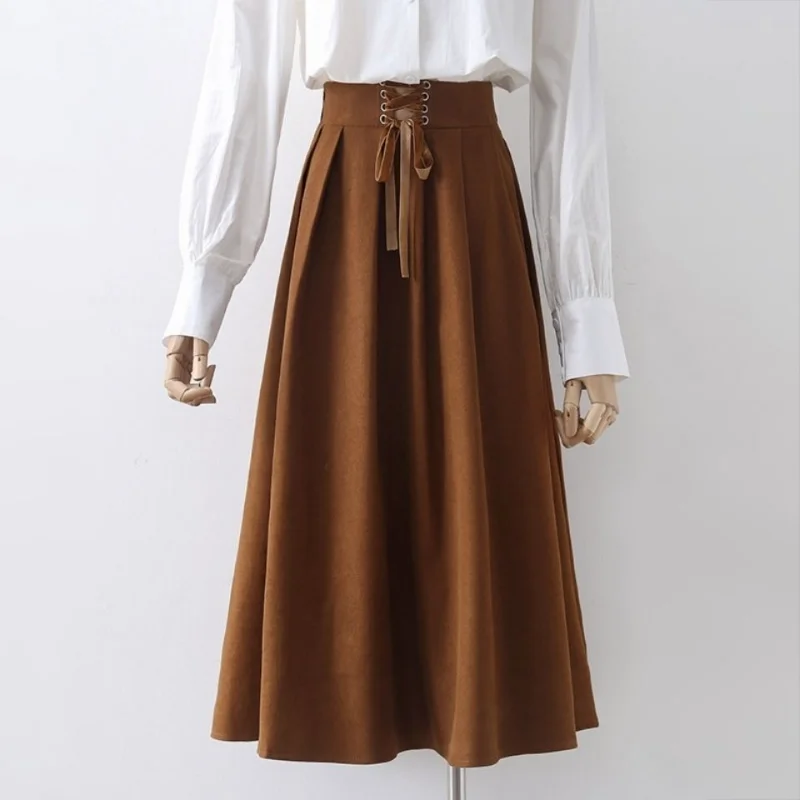 

High Waist Woolen Skirts Womens Autumn Winter Fashion Streewear Wool Long Pleated Skirt Lace-up Casual Ladies Saia Longa E999