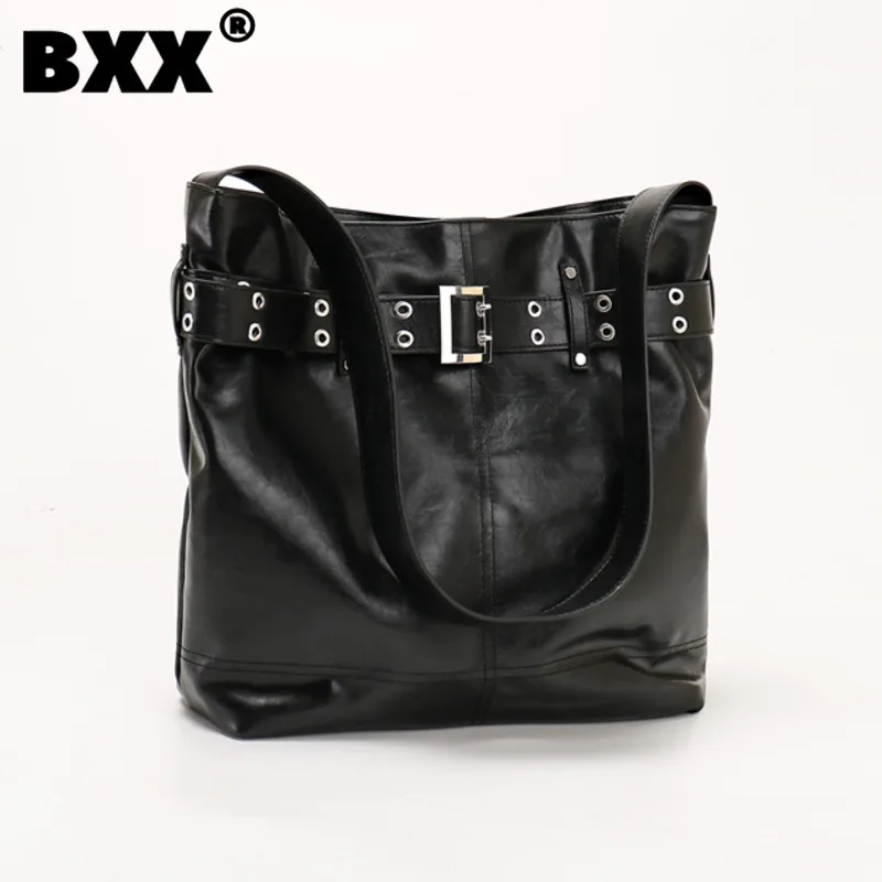 

[BXX] Black Soft Leather Large Capacity Tote Bags 2023 New Trend Versatile Motor Bike Style Single Shoulder Bag For Women 8CY676