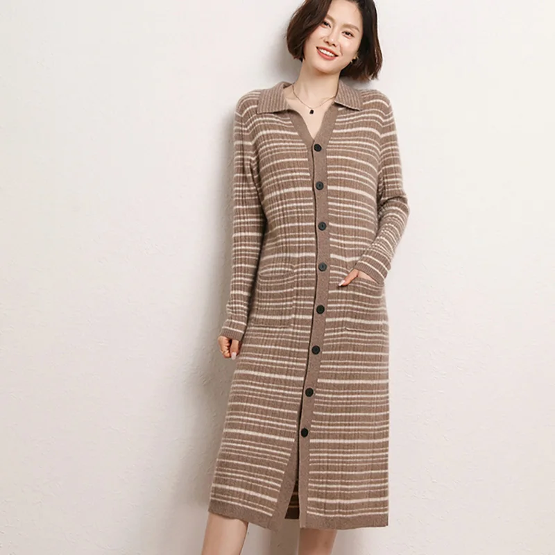 

Autumn Winter New 100% Cashmere Cardigan Sweater Women's Soft Fashion Knitted Long Cardigans Female Long Sleeve Striped Coat