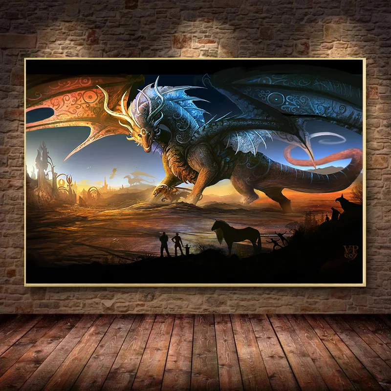 

Vintage Poster Abstract Fantasy Art Canvas Painting Wall Art Fantasy Dragon and Phoenix Pictures for Living Room Home Decor