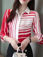 fashion womens shirts v neck stripe chiffon women tops 2022 autumn satin long sleeve top button blouse basic ol female clothing