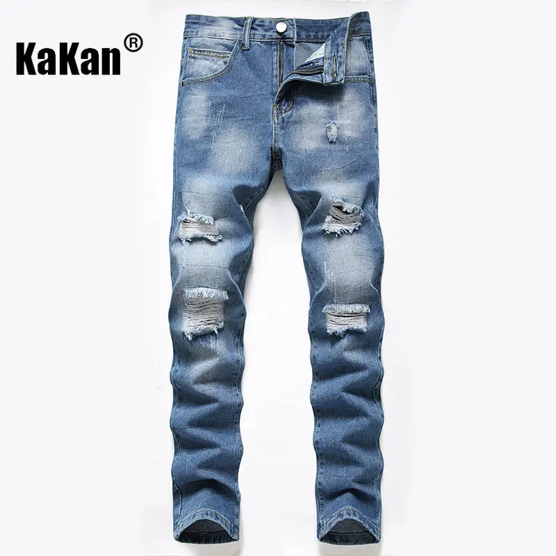 Kakan - European and American New Blue Distressed Jeans for Men's Wear, Worn Out Washed Casual Straight Length Jeans K36-346