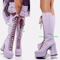 womens purple lace up knee boots punk platform thick square heel boots side zipper simple street style boots casual footwear 46