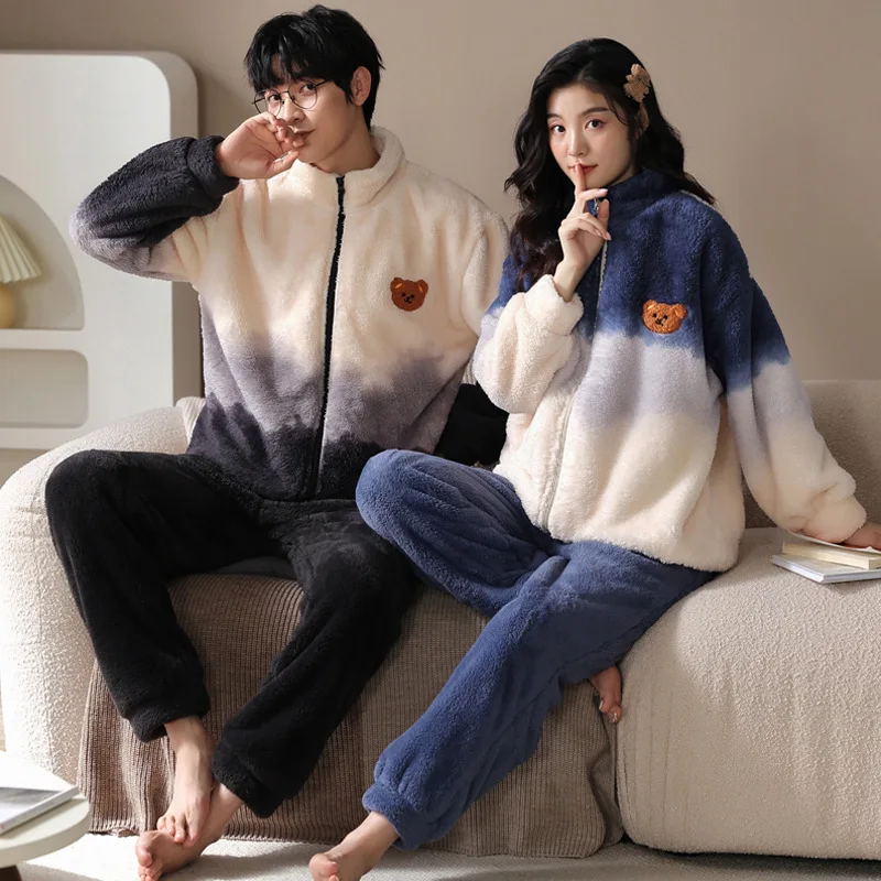 Yasuk Winter Fashion Men Women's Casual Soft Snowflake Velvet Sleepwear Homewear Couple Pajamas With Pants  Gradient Bear Thick