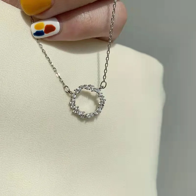

925 Sterling Silver Crystal Circle Charm Pendent Choker Necklace For Women 2022 Fashion Jewelry Gift dz474