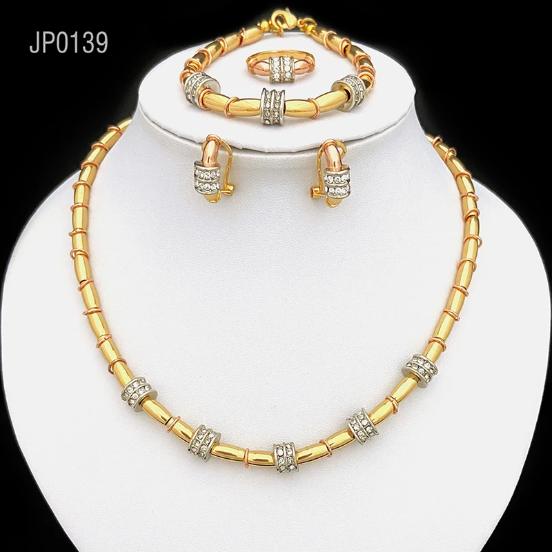 

Fashion Smooth Metal Cylindrical Necklace Jewelry Set Alloy Hoop Necklace Earrings Bracelet Ring Set Wending Party Gift