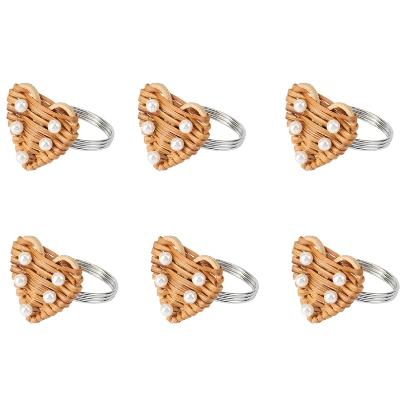 

Набор из 6 колец для салфеток в форме сердца, Винтажное кольцо для салфеток для стола, кольца ручной работы из ротанга с жемчугом для свадьбы