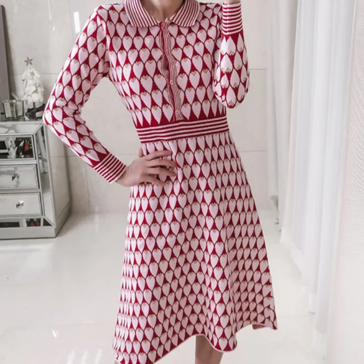 

Women Jacquard Knitted Dresses Elegant Lapel Long Sleeve Sweater Dress Fall Winter Office Lady Retro Slim A-Line Party Dresses