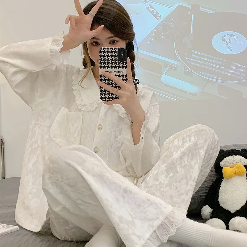 Милый белый кружевной бархатный пижамный комплект осень-зима женская пижама