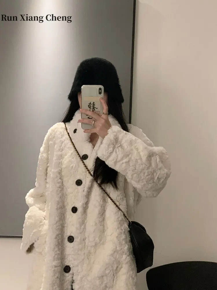 Winter Women's Overcoat 2023 Imitation Rabbit Plush Oversize Korean Fashion Button Designer Medium Length Loose Standing Collar