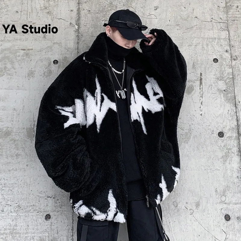 

[YA Studio] 2023 Winter Thickened Lamb Wool Cotton-padded Men's Fashion Brand Loose Hip Hop Stand Collar Lamb Wool Coat