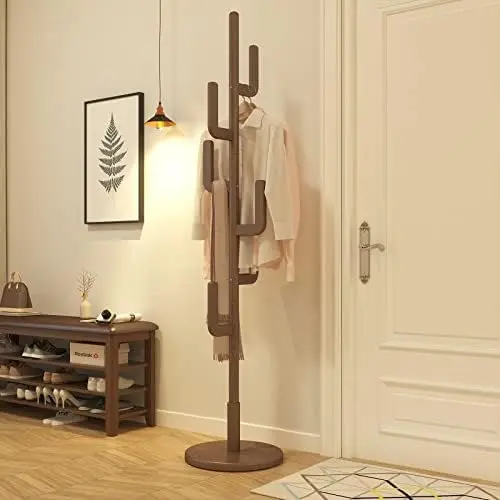 

, Unique Design Cactus Coat Freestanding, Adjustable Height Wooden Coat Stand with 6 Hooks, Easy Assembly Coat Tree for Entryw