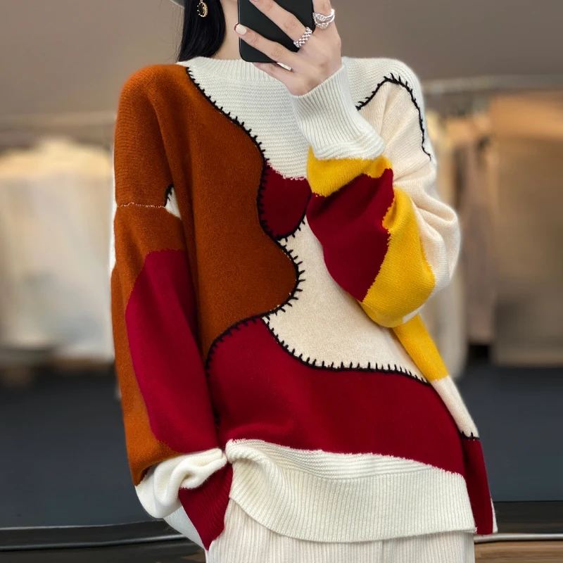 New Heavy Industry Color Round Neck Inlaid Sweater Women's Thick Warm Cashmere Sweater Jumper Knitted Pure Wool Sweater