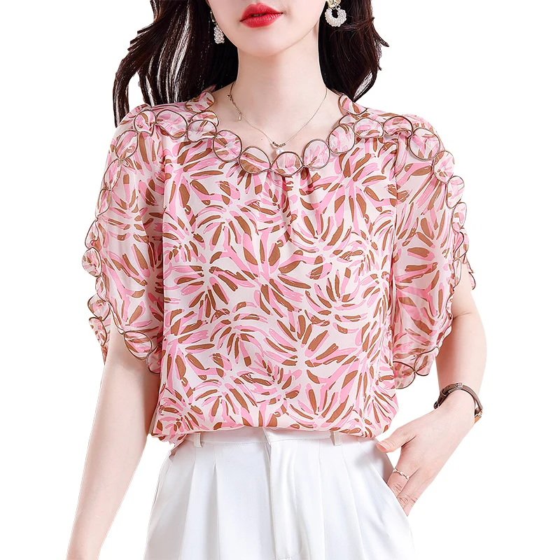 

New Fashion Flying sleeve embroidery Women Blouse 2023 Summer Pullover Tops Casual Loose Printed Chiffon shirt
