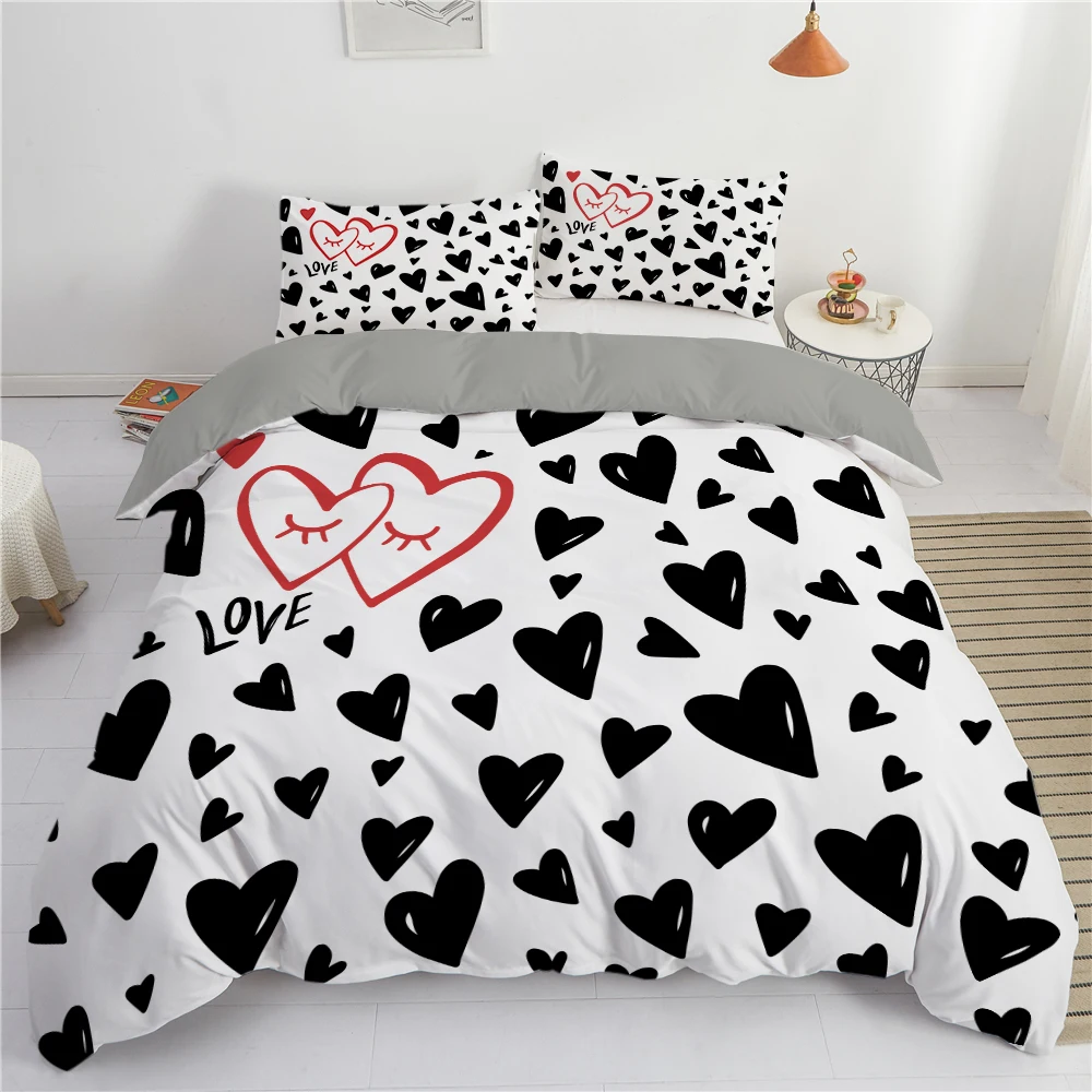 

Romantic Bedding Sets Black And White Hearts I Love You Letter Print Duvet Cover Pillowcase 2/3pc Double Queen King Sizes