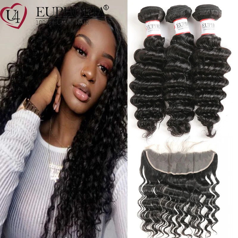 

Deep Wave Brazilian Remy Human Hair 3 Bundles With Closure Natural Color Bundles With 13x4 Lace Frontal Swiss Lace Euphoria