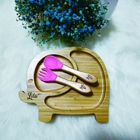 custom baby cute elephant tray feeding tray silicone suction cup non slip natural wooden baby cutlery set gift boy girl