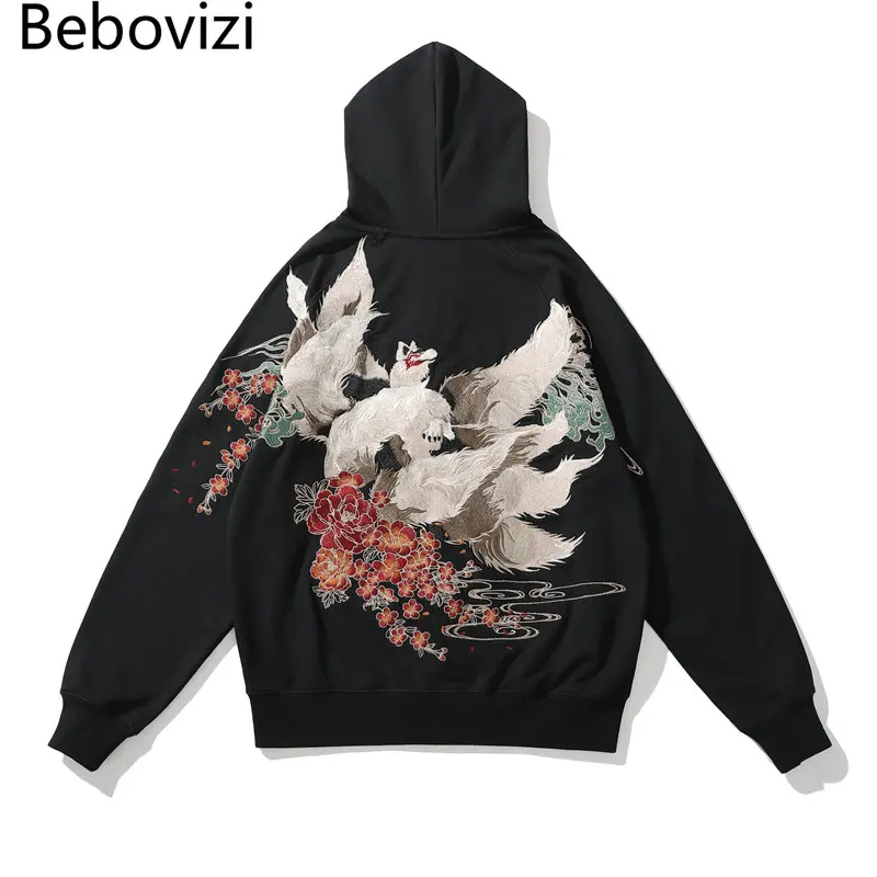

High Quality Nine Tailed Fox Flowers Exquisite Embroidery Black Zip Up Hoodie Men Harajuku Streetwear Japanese Coat Clothing